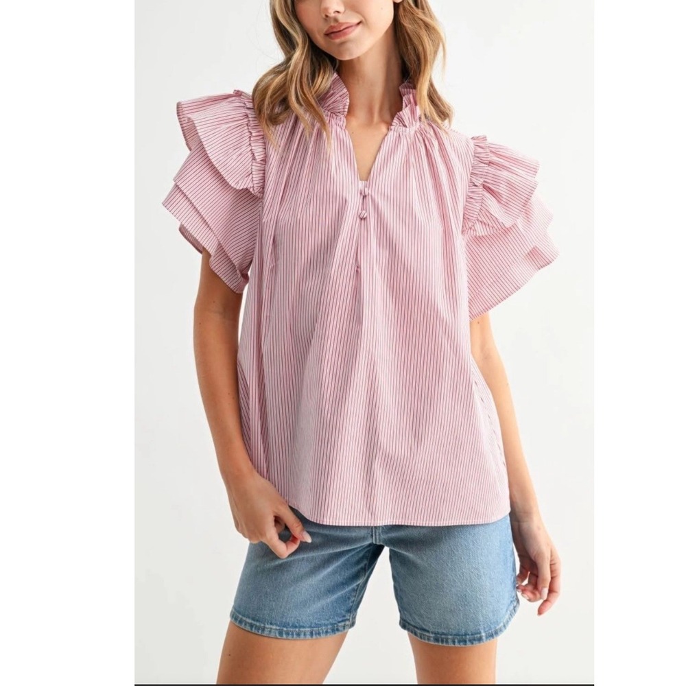 Patty Kim Pink White Striped Ruffle Neck Tiered Sleeve Blouse Medium Boho